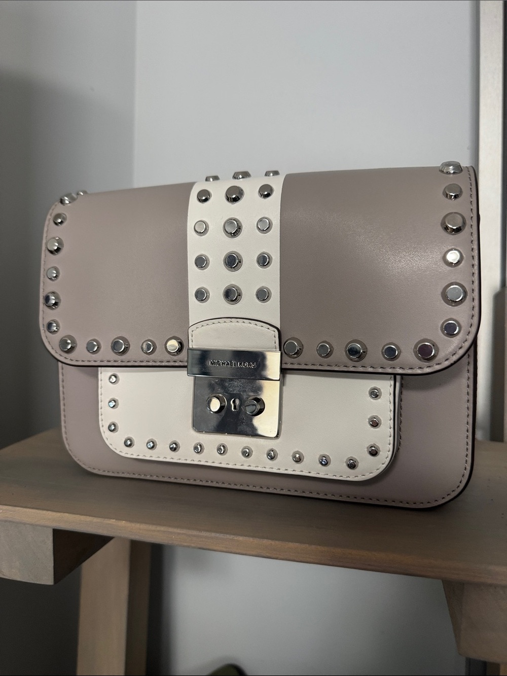 Stud-Trim Taupe and White Leather Crossbody Bag